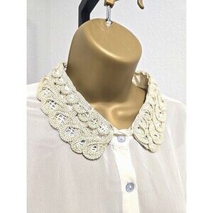 Vintage Sheer Cream Top Womens XL Crochet Lace Collar Office Siren Career Chic